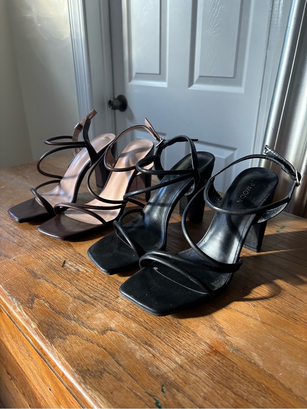 TOP Moda Strappy Square-Toe Block Heels in Black and Brown